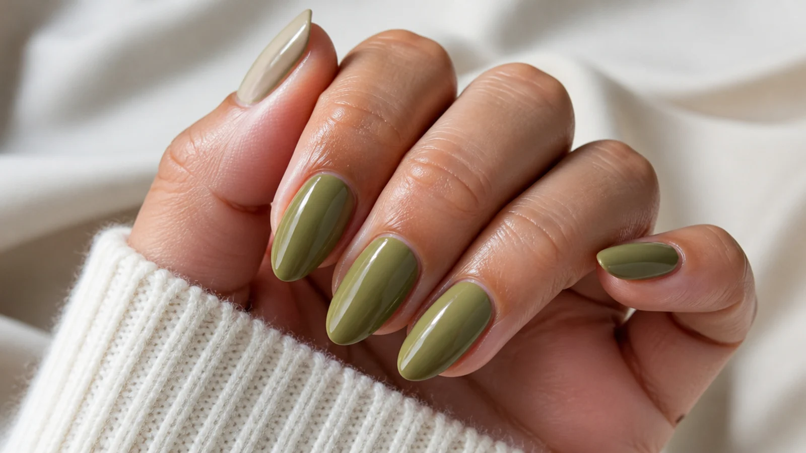 Muted olive green nails in a glossy almond shape on warm-toned hands