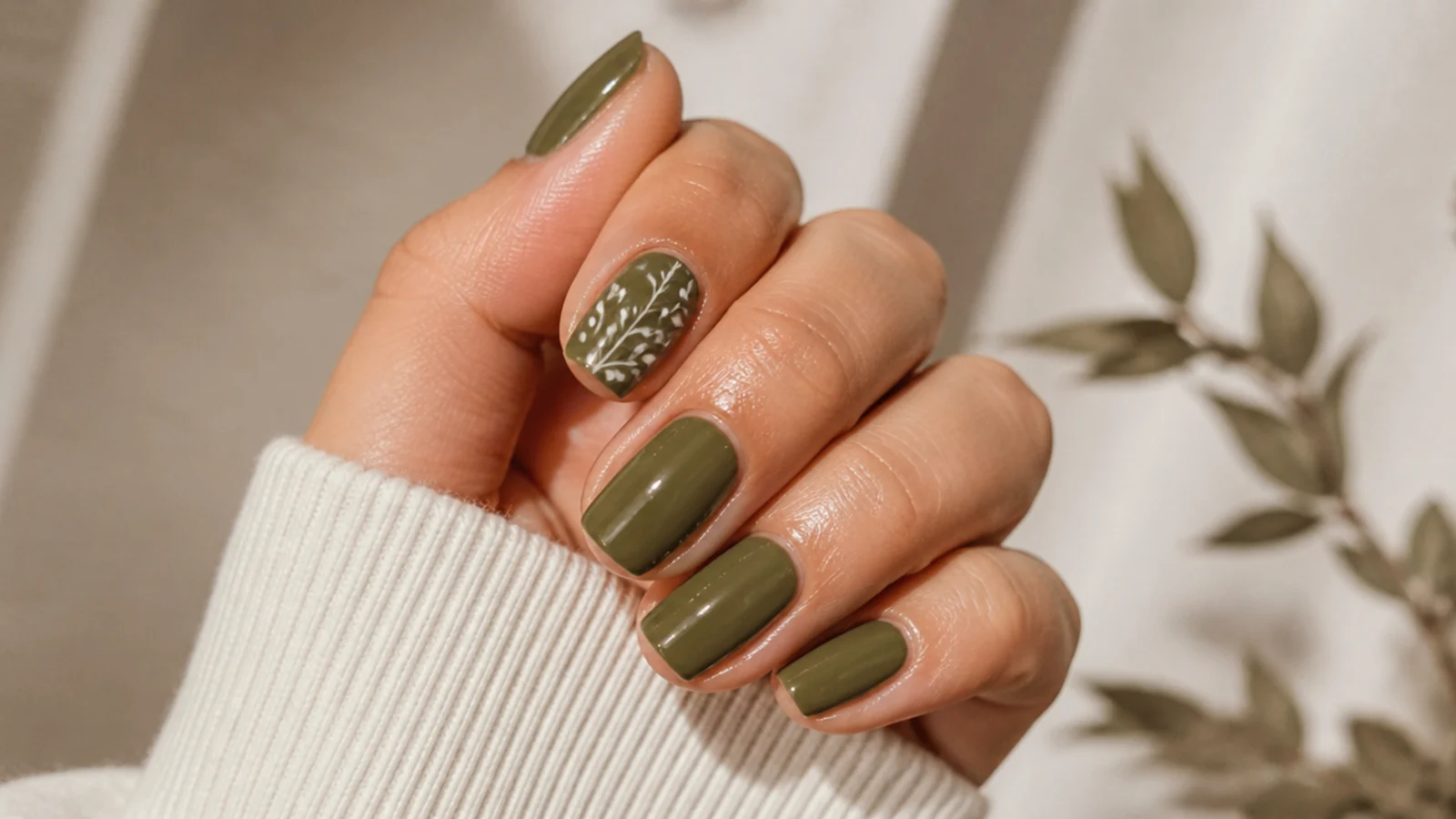 A sealed glossy olive green gel manicure with cuticle oil for longevity