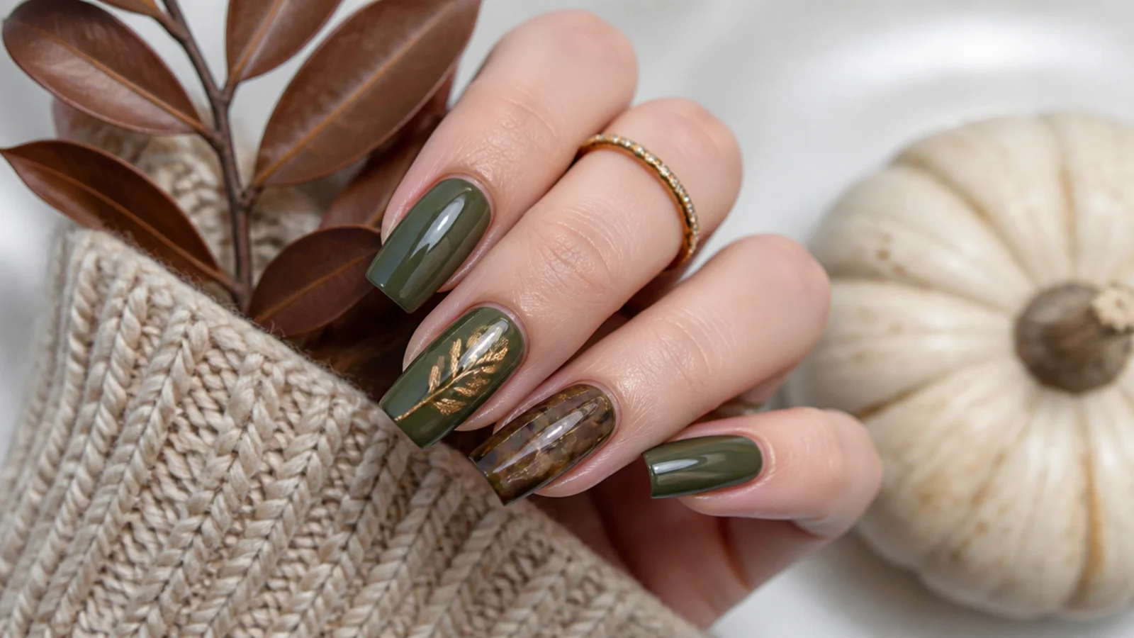 Olive green nails styled for fall with earthy autumn accessories