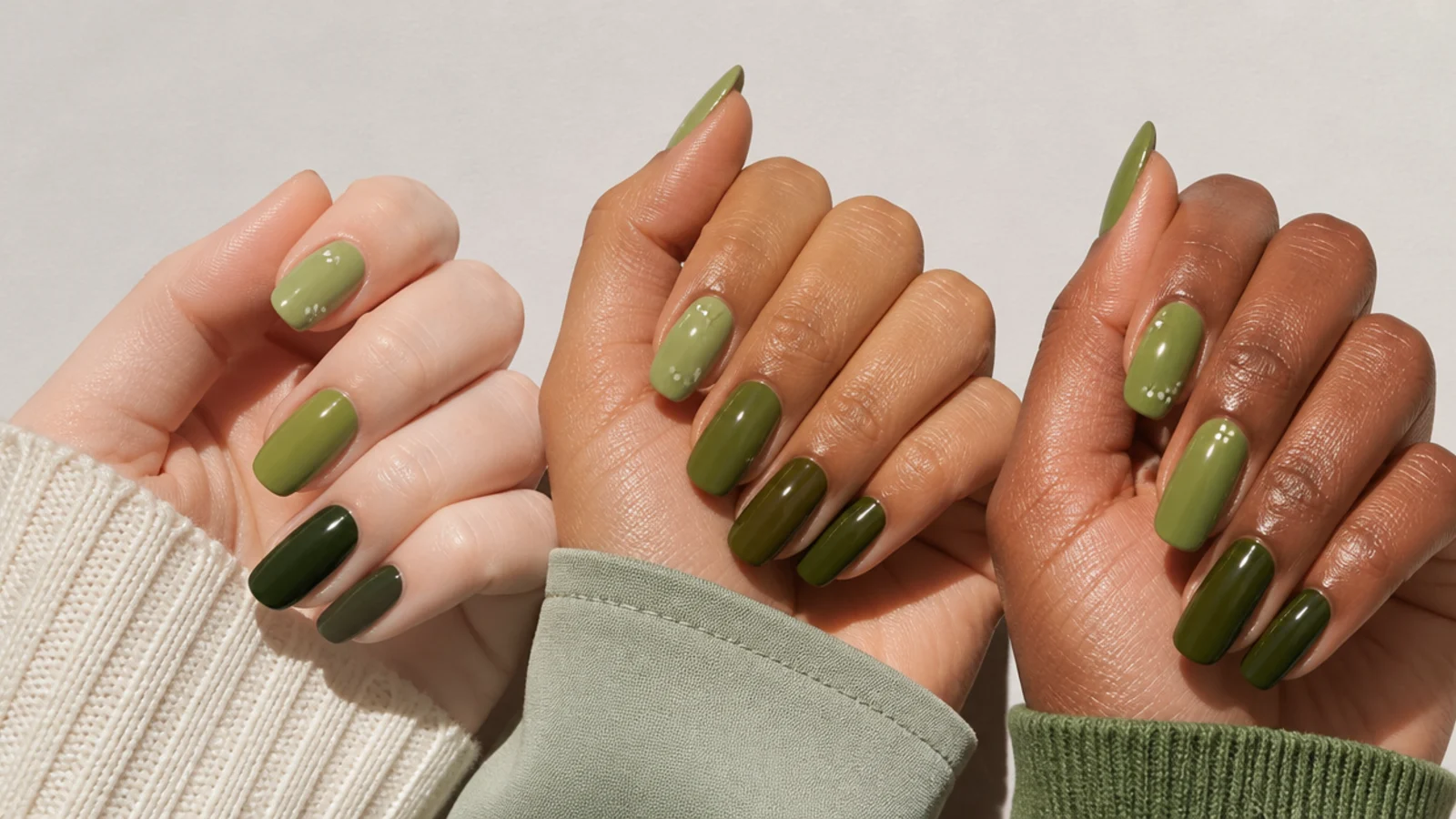 Three olive green nail shades shown against fair, tan and deep skin
