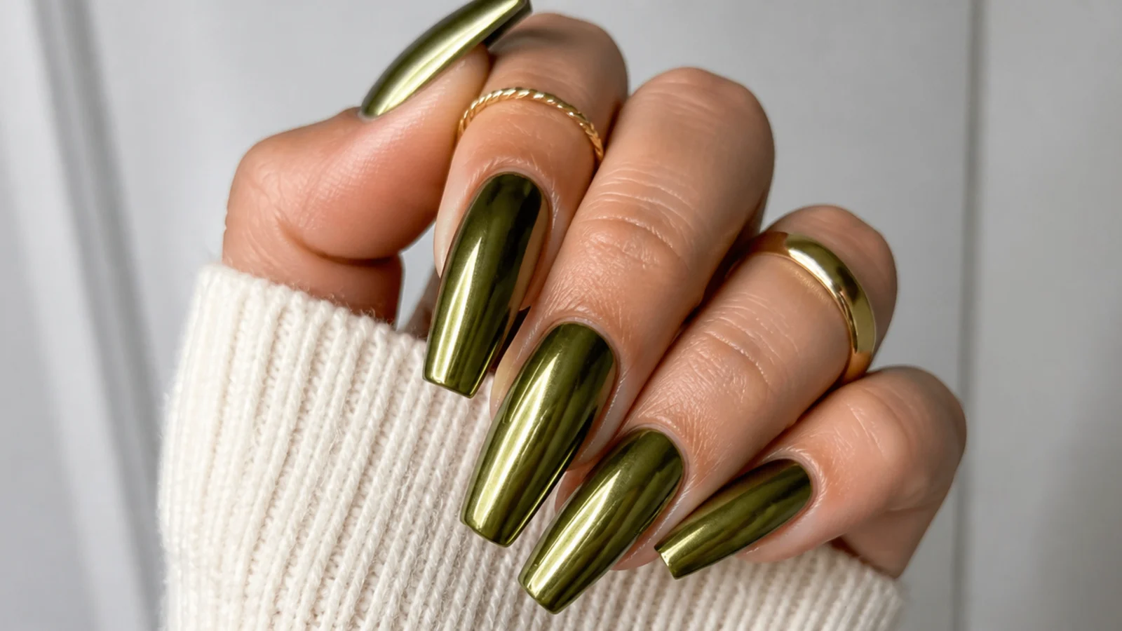 Coffin nails in olive green with a warm gold chrome mirror finish