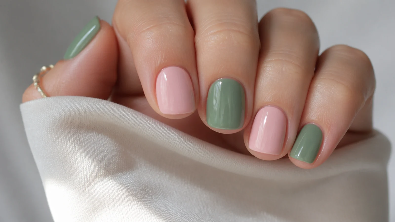 Short nails alternating soft pink and muted olive green
