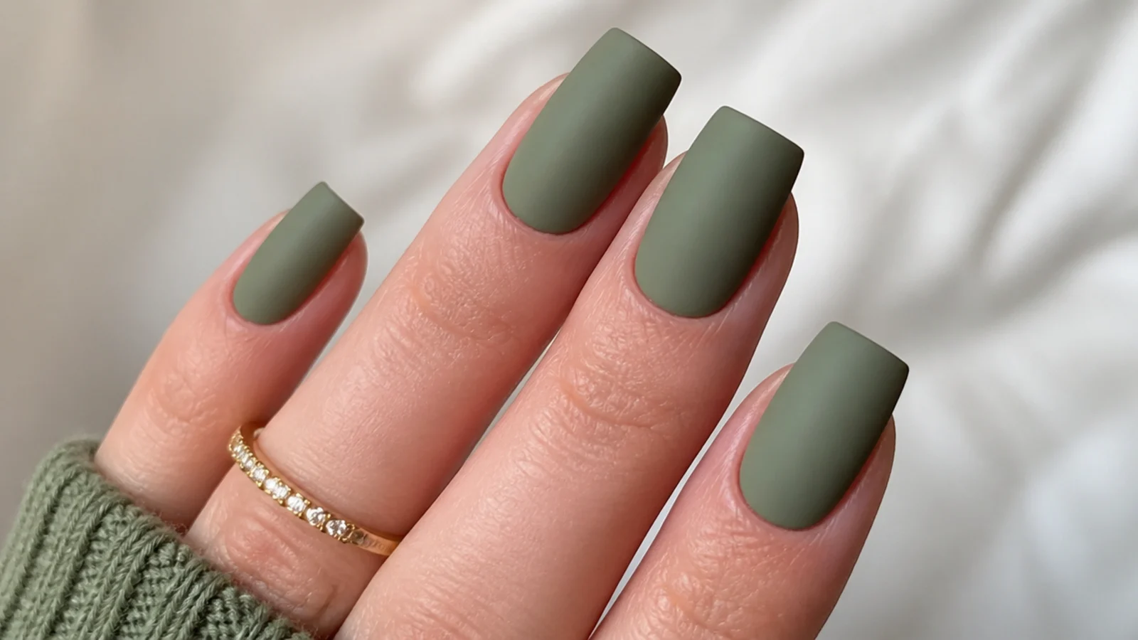 Square nails in a matte khaki-olive green with a velvet finish