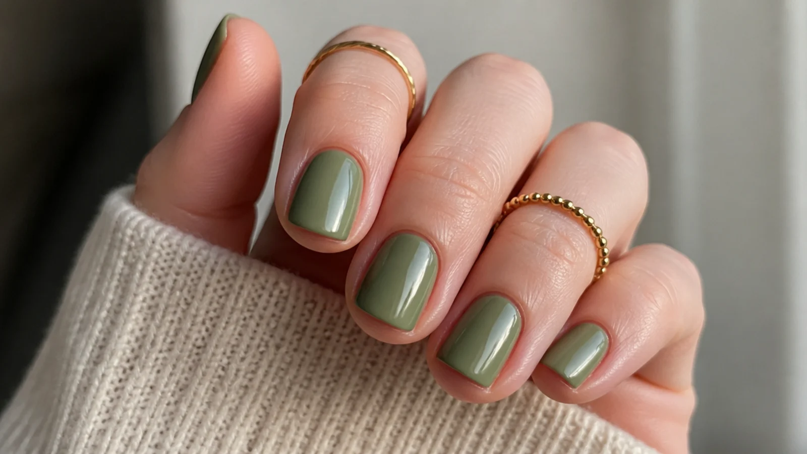 Short round nails in a light, slightly grayed sage-olive green