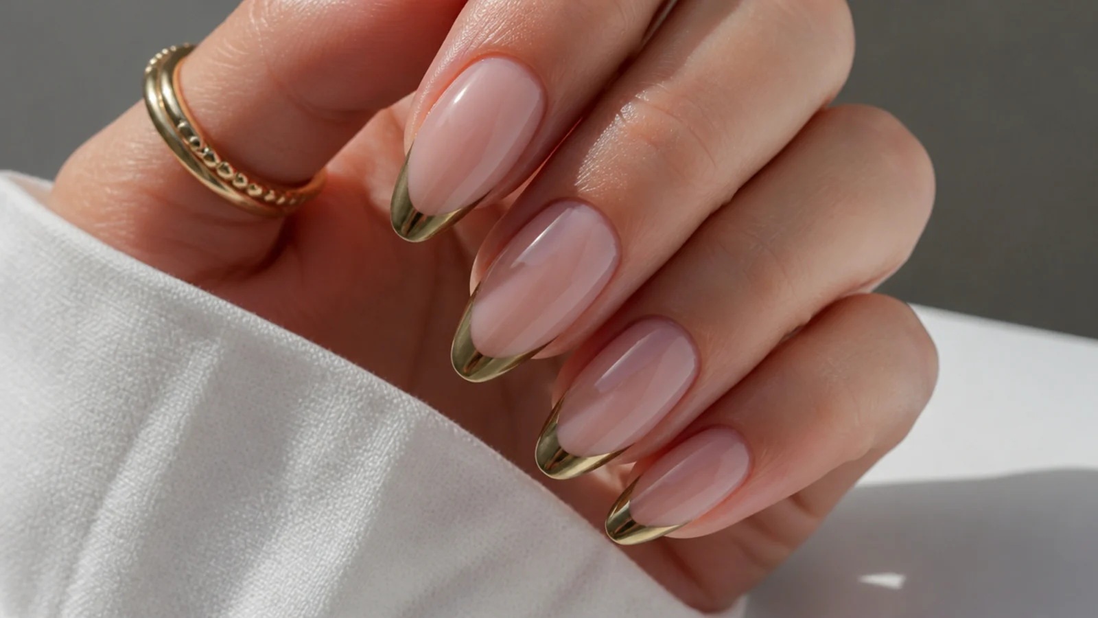 Almond nails with a nude base and olive-gold chrome french tips