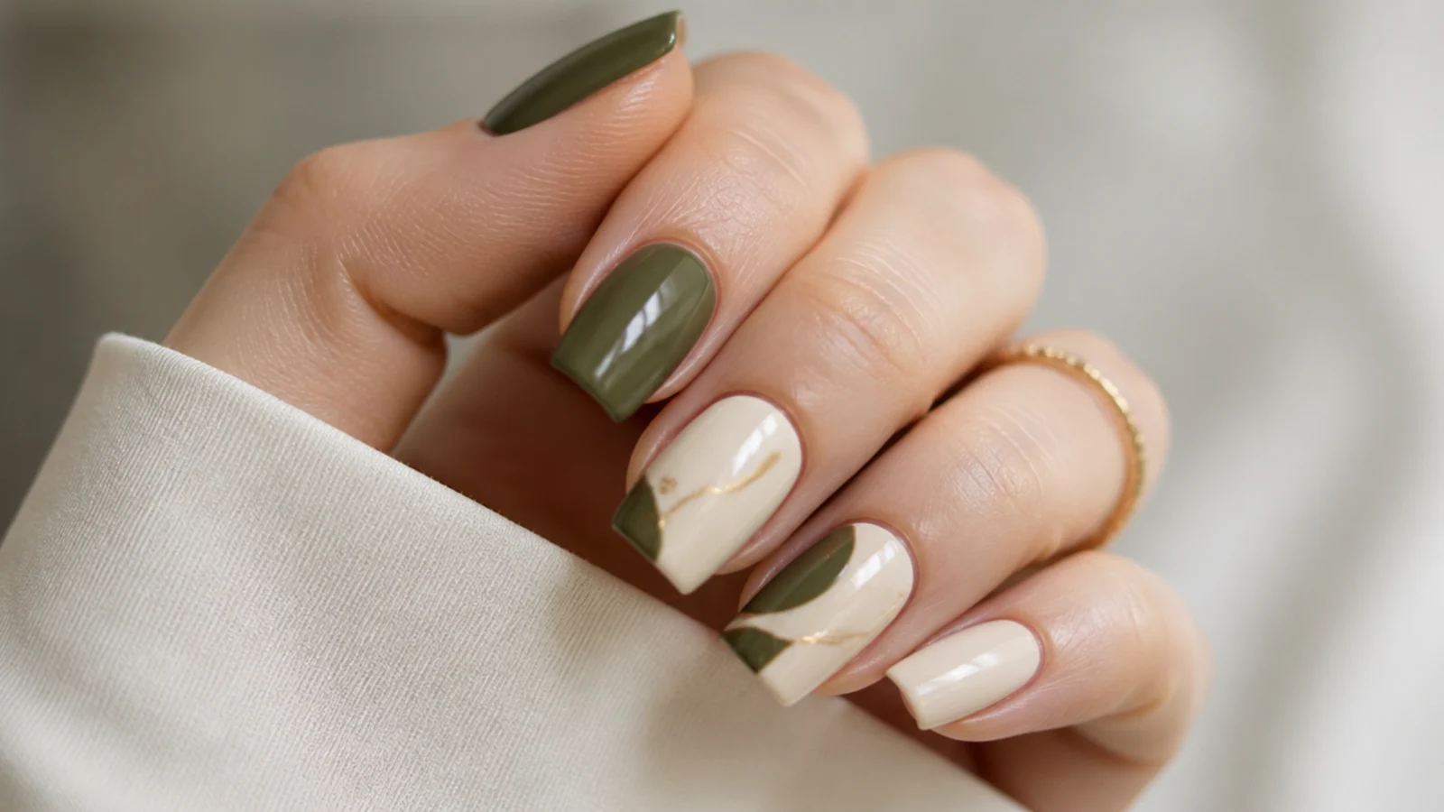 Square nails color-blocked in army olive green and cream