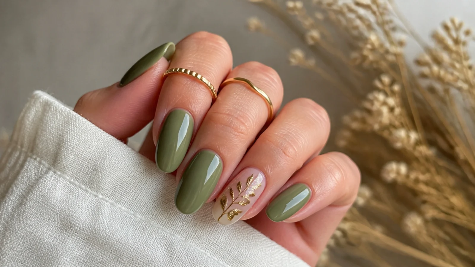 Almond nails in glossy olive green with a single gold leaf accent nail