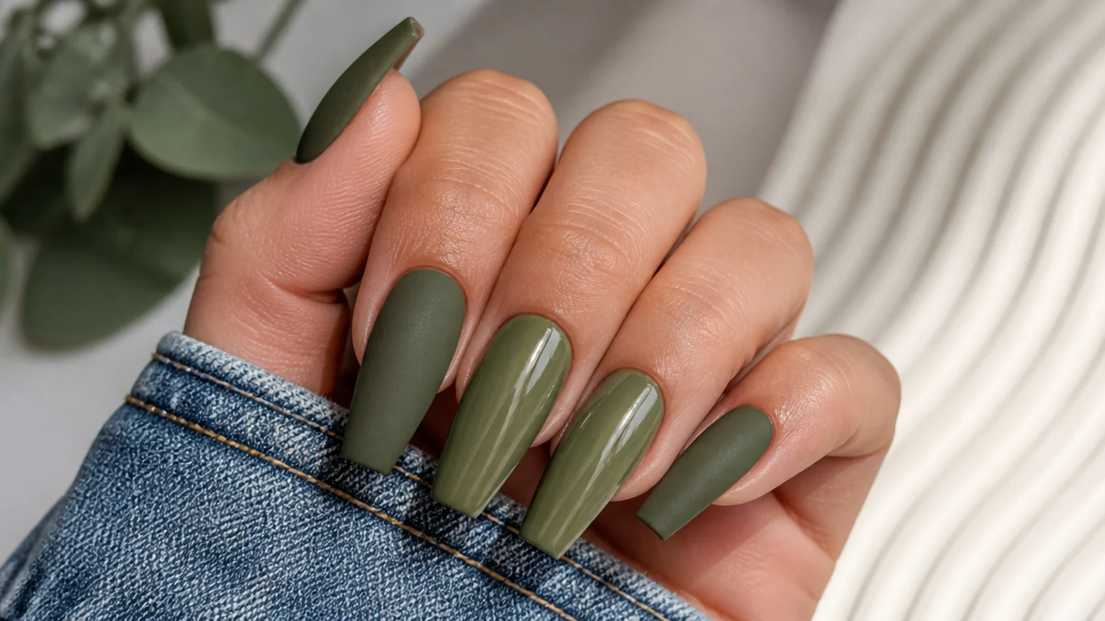 Coffin nails in matte olive green with two glossy olive accent nails