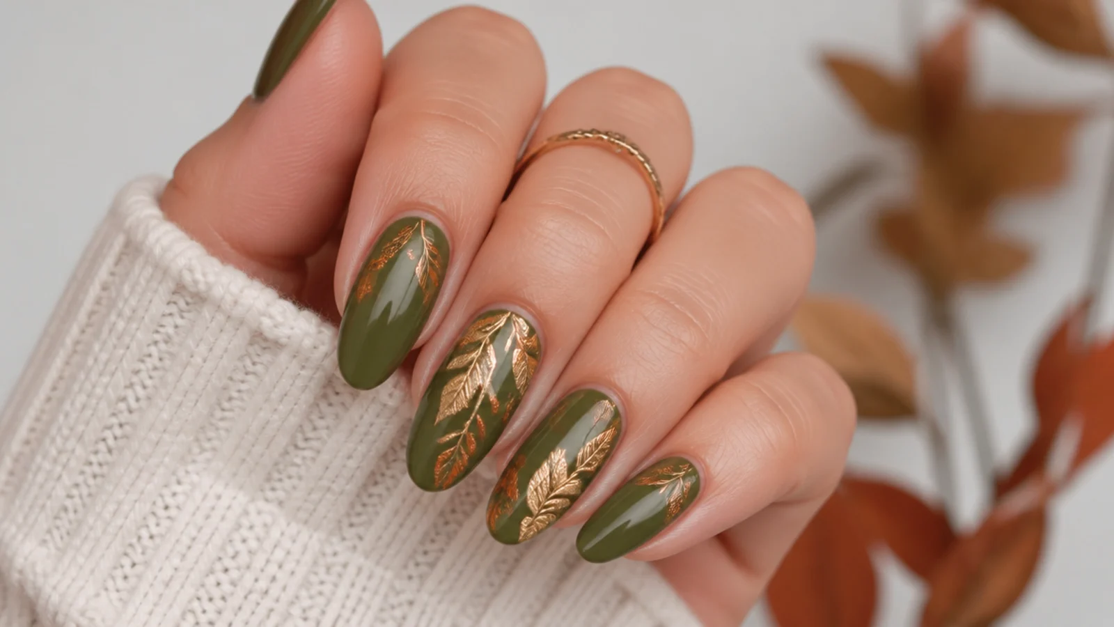 Almond nails in olive green with hand-painted gold and rust leaf accents