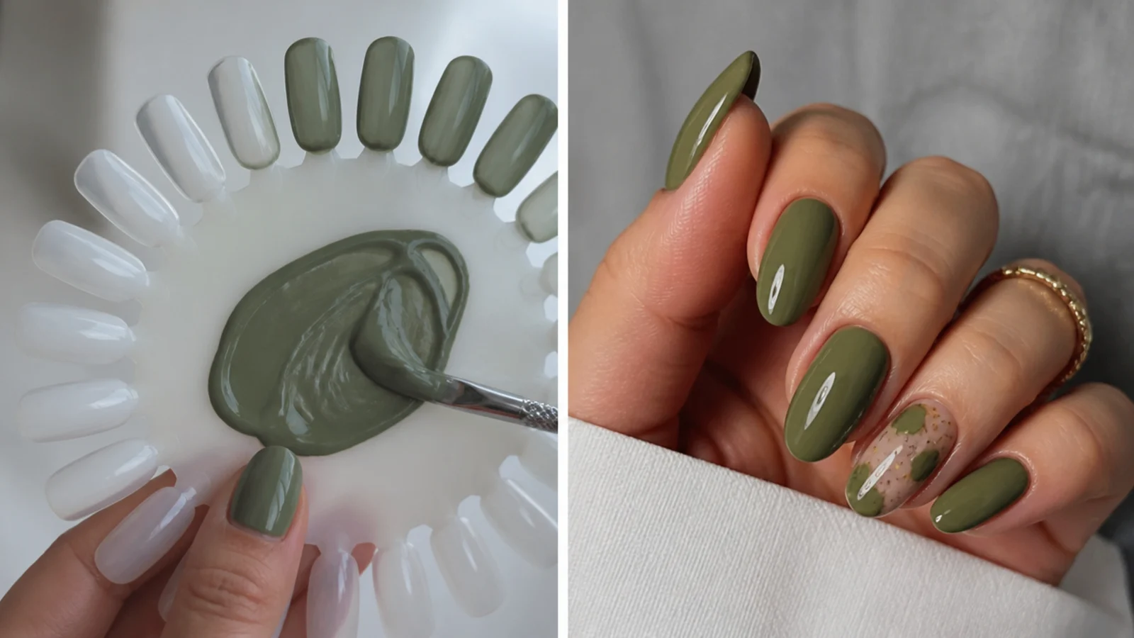 A muted khaki-olive gel being mixed and swatched on a color wheel