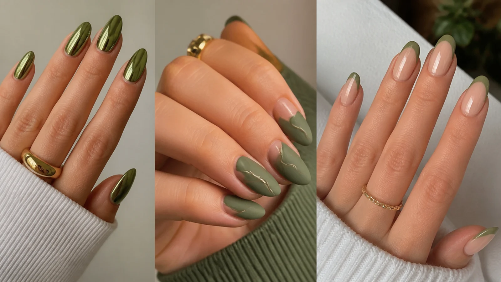 A saved collage of muted olive green nails in chrome, french and matte finishes on almond shapes