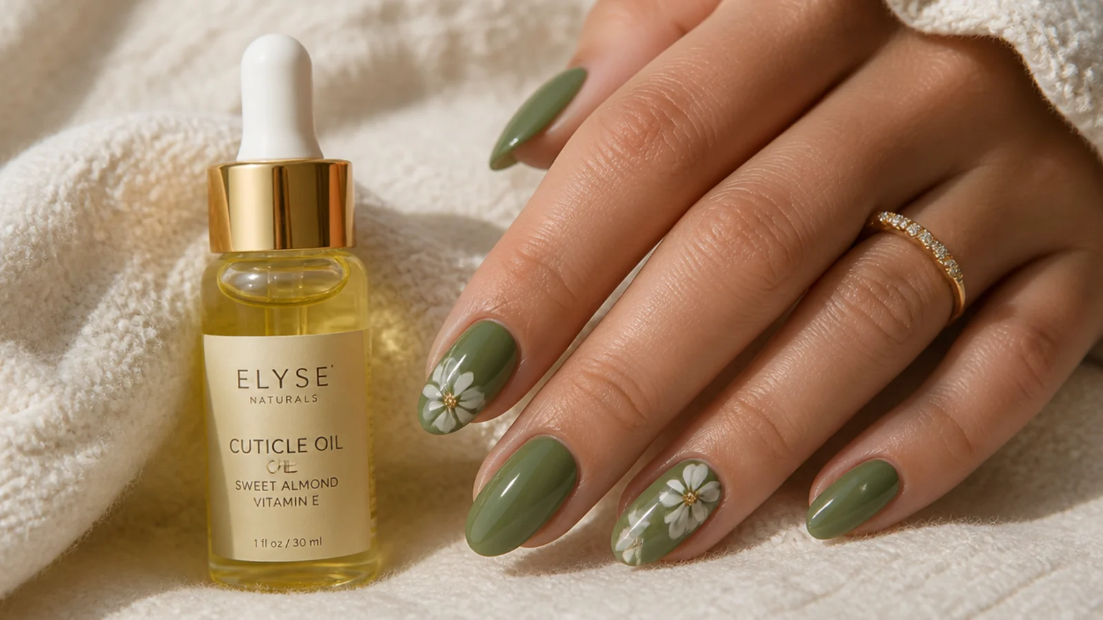 Cuticle oil beside a fresh olive green gel manicure for maintenance