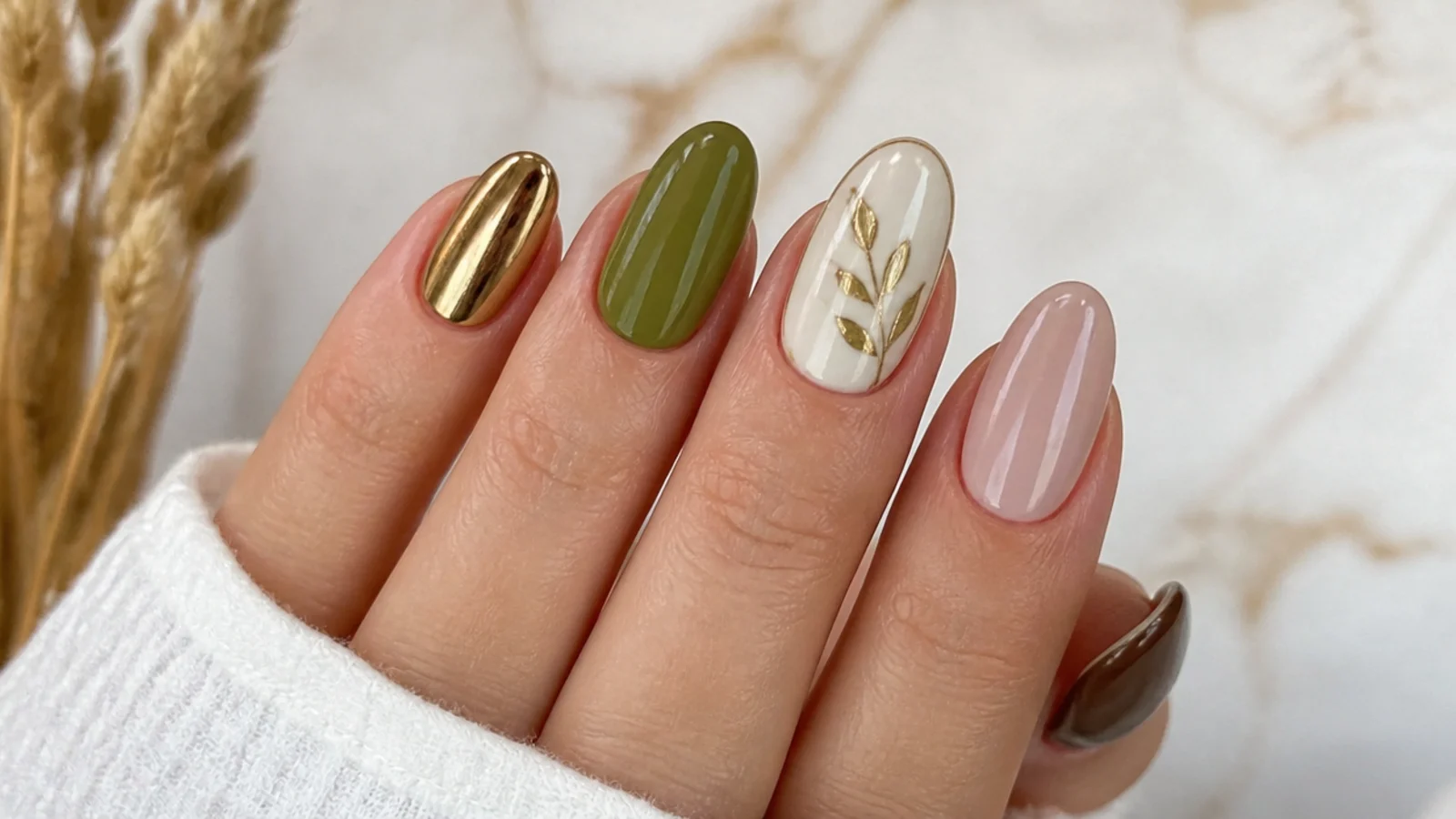 Olive green nail swatch surrounded by gold, cream, soft pink, brown and chrome accents