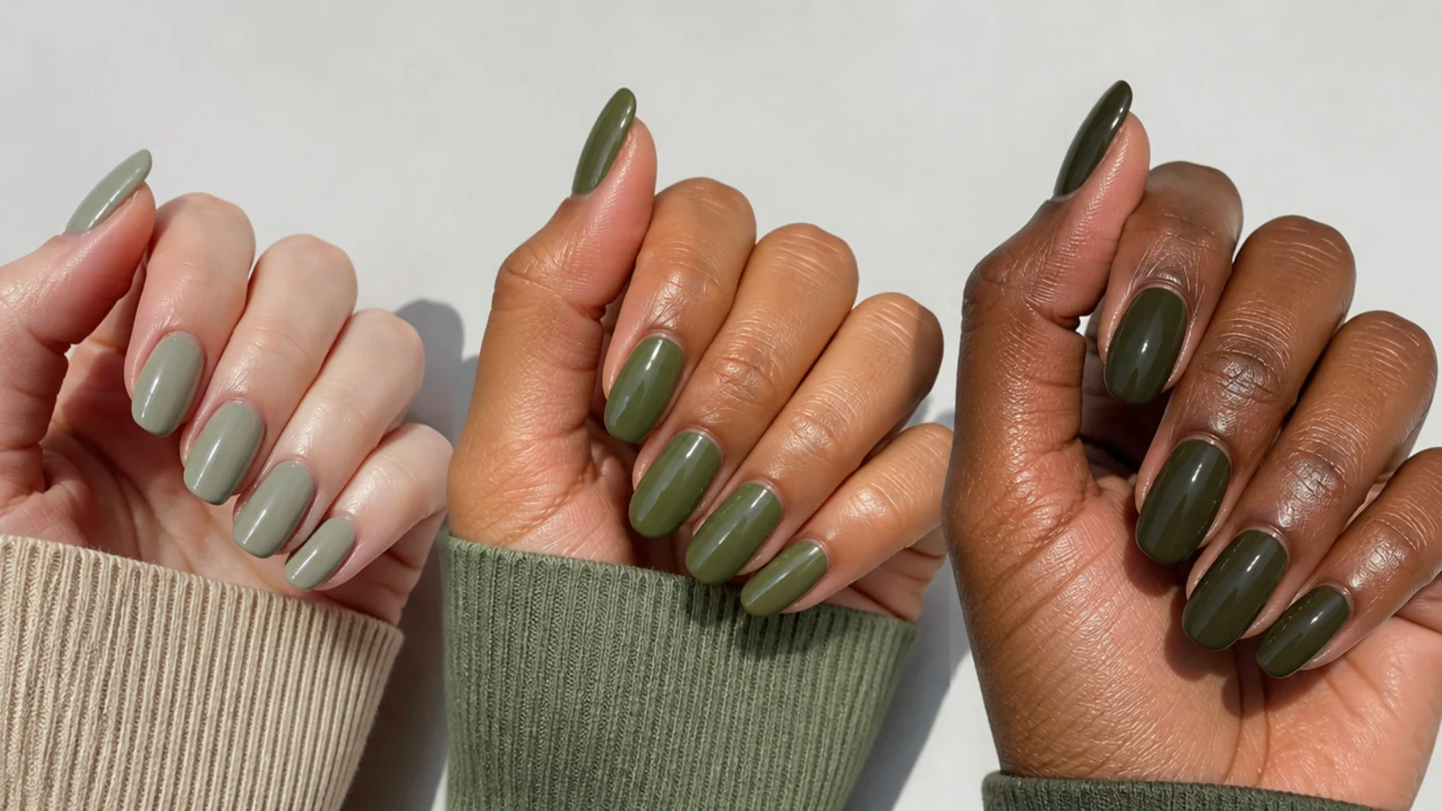 Three olive green swatches from grayed sage to deep army on different skin tones