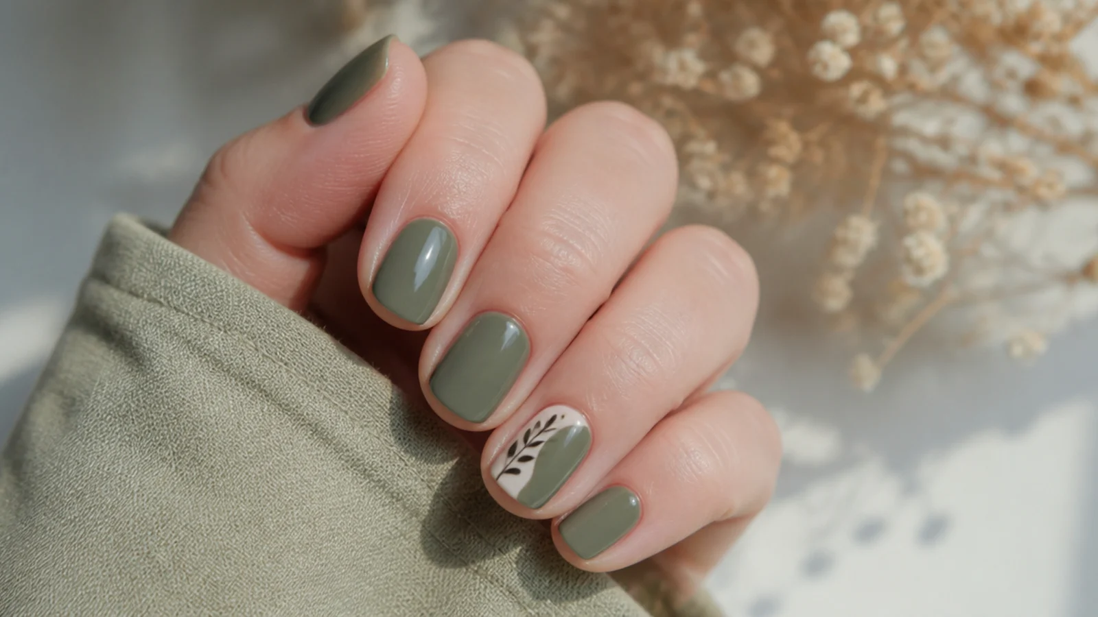 Soft grayed olive green nails on fair skin, short round shape