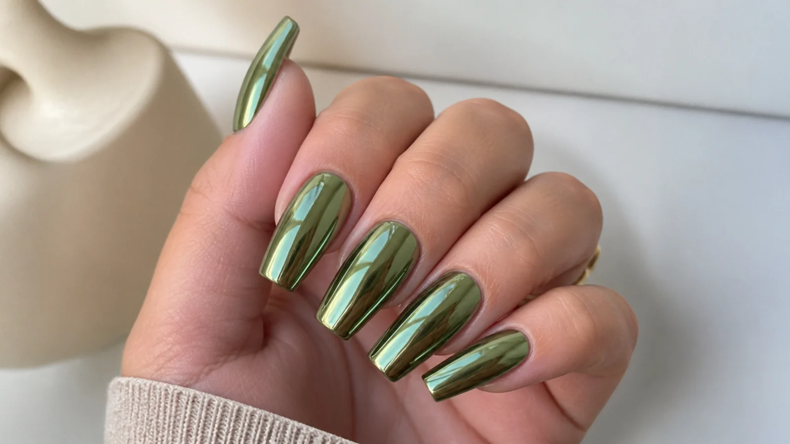 Metallic olive chrome mirror nails on a coffin shape