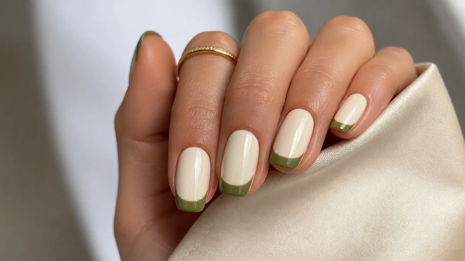 Cream nails with olive green french tips on a squoval shape