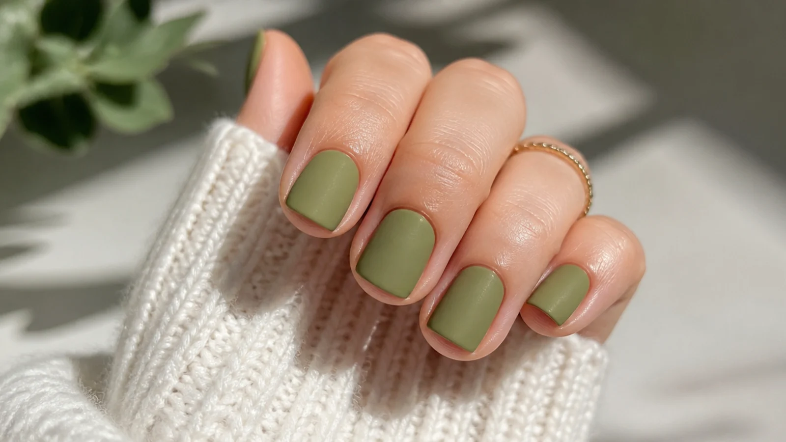 Flat matte olive green nails on a short square shape