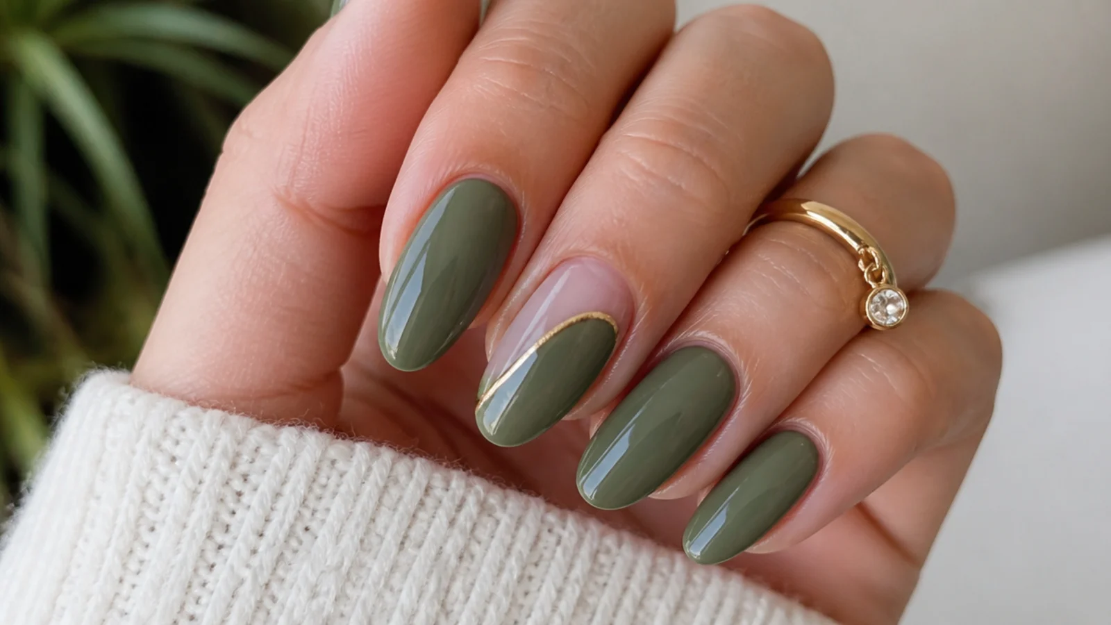 Glossy olive green nails on a long elegant almond shape