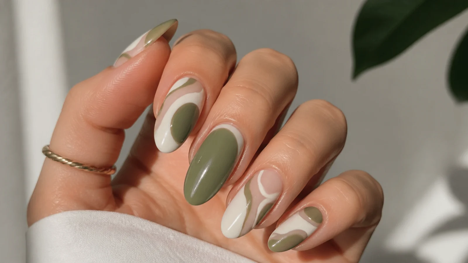 Olive green and cream swirl nails on an almond shape
