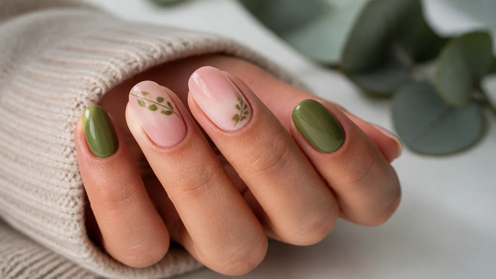 Olive green and soft pink nails alternating on a round shape