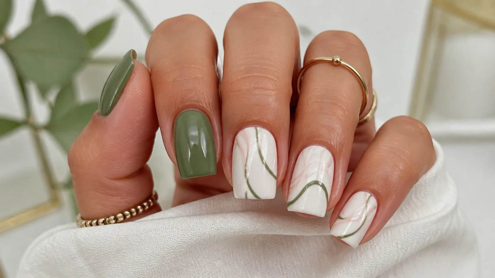 Olive green and white minimal line nails on a square shape