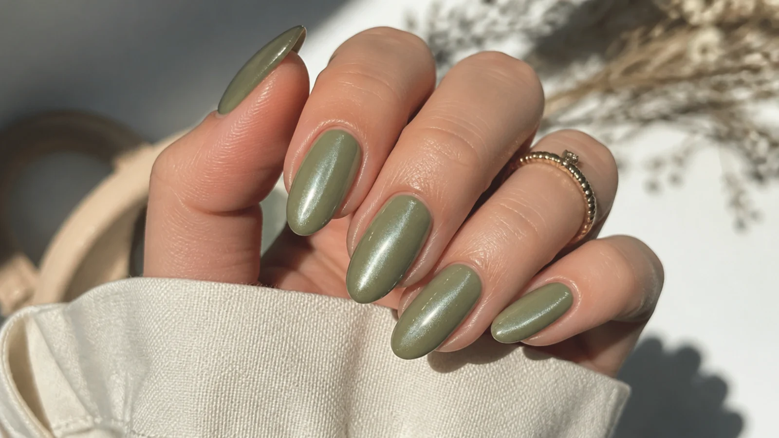 Pearly glazed olive green nails on an almond shape