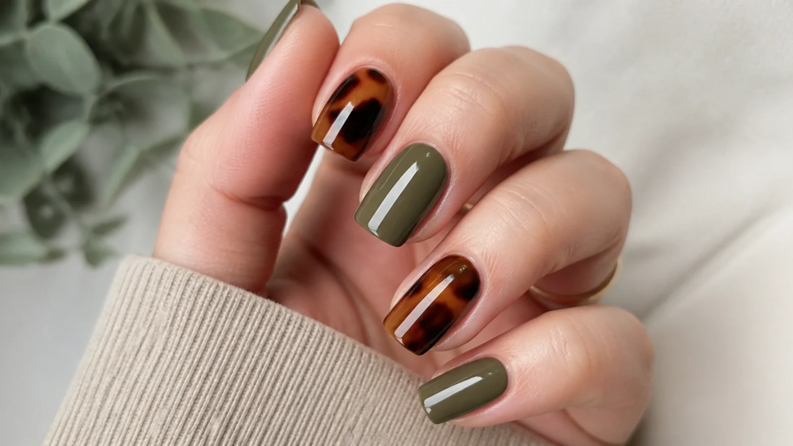 Olive green and brown tortoiseshell nails on a squoval shape