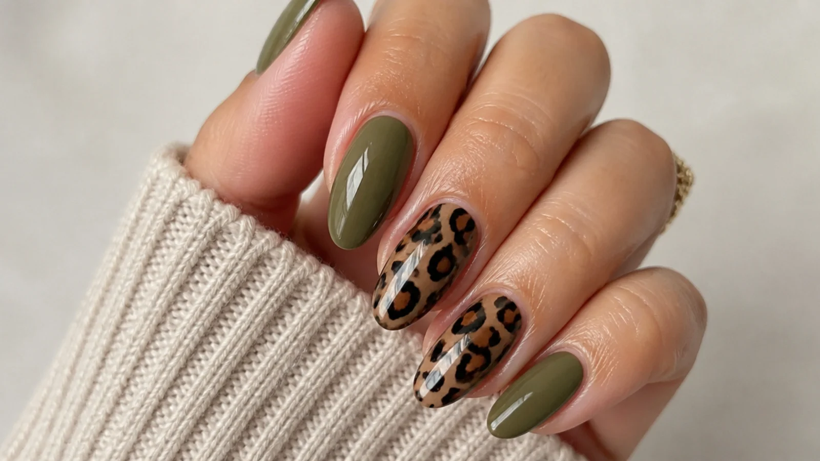 Olive green nails with brown and black leopard print accents