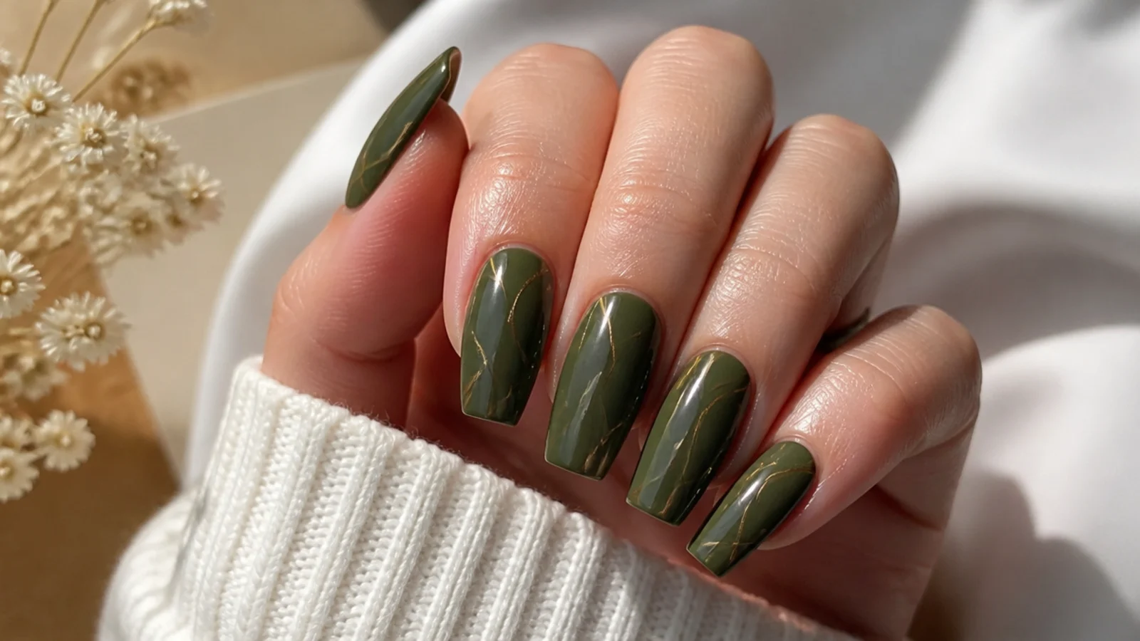 Olive green nails with fine gold line accents on a coffin shape