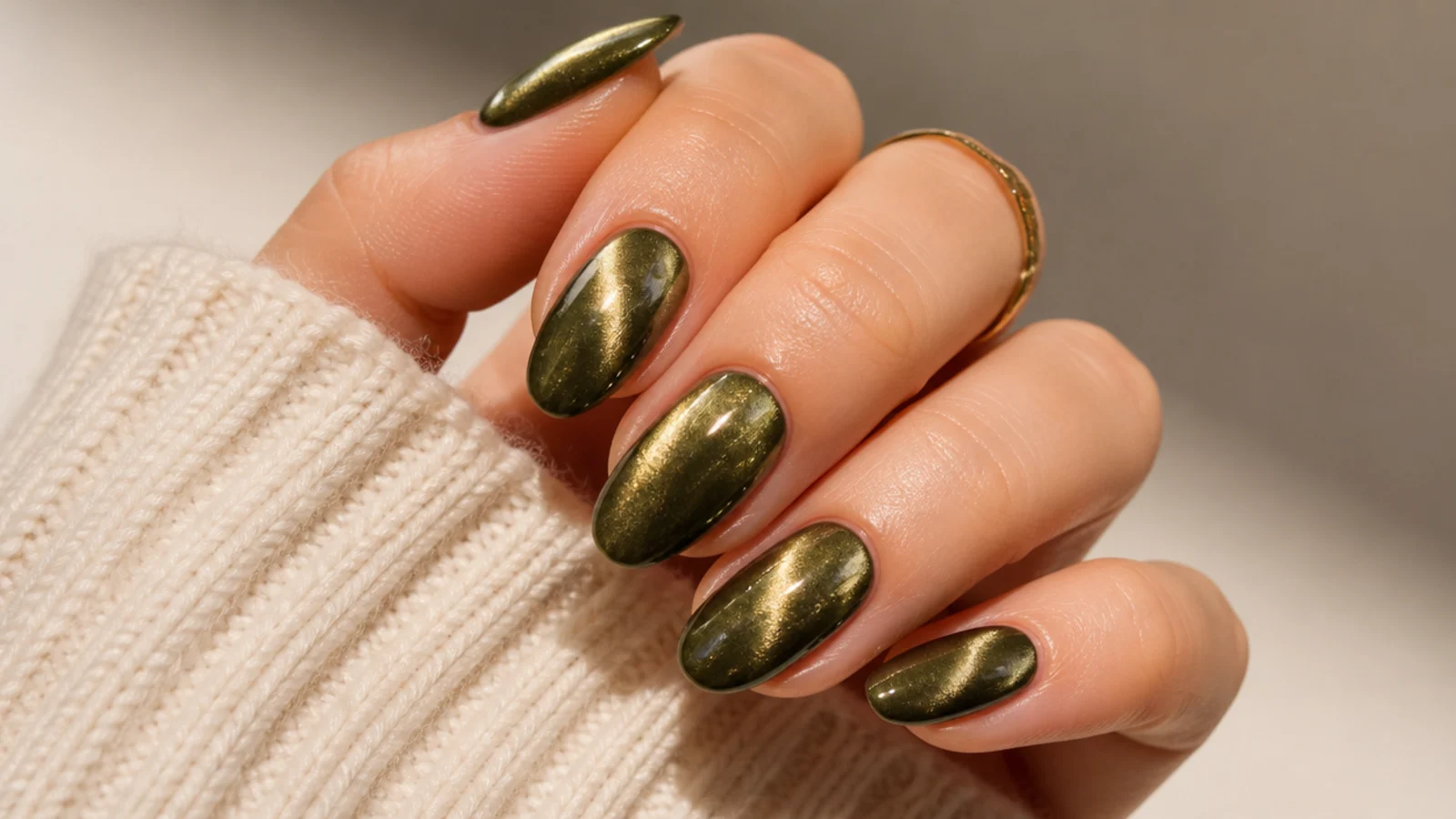 Olive green magnetic cat eye nails with a shifting light band