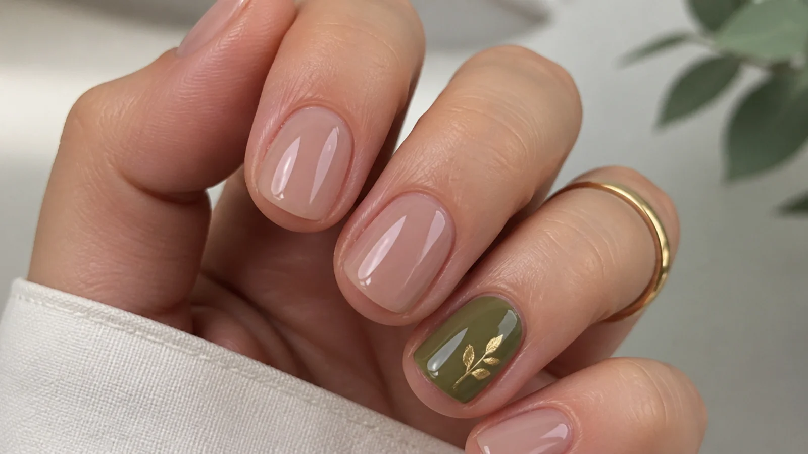 Nude nails with a single olive green accent nail on a short set