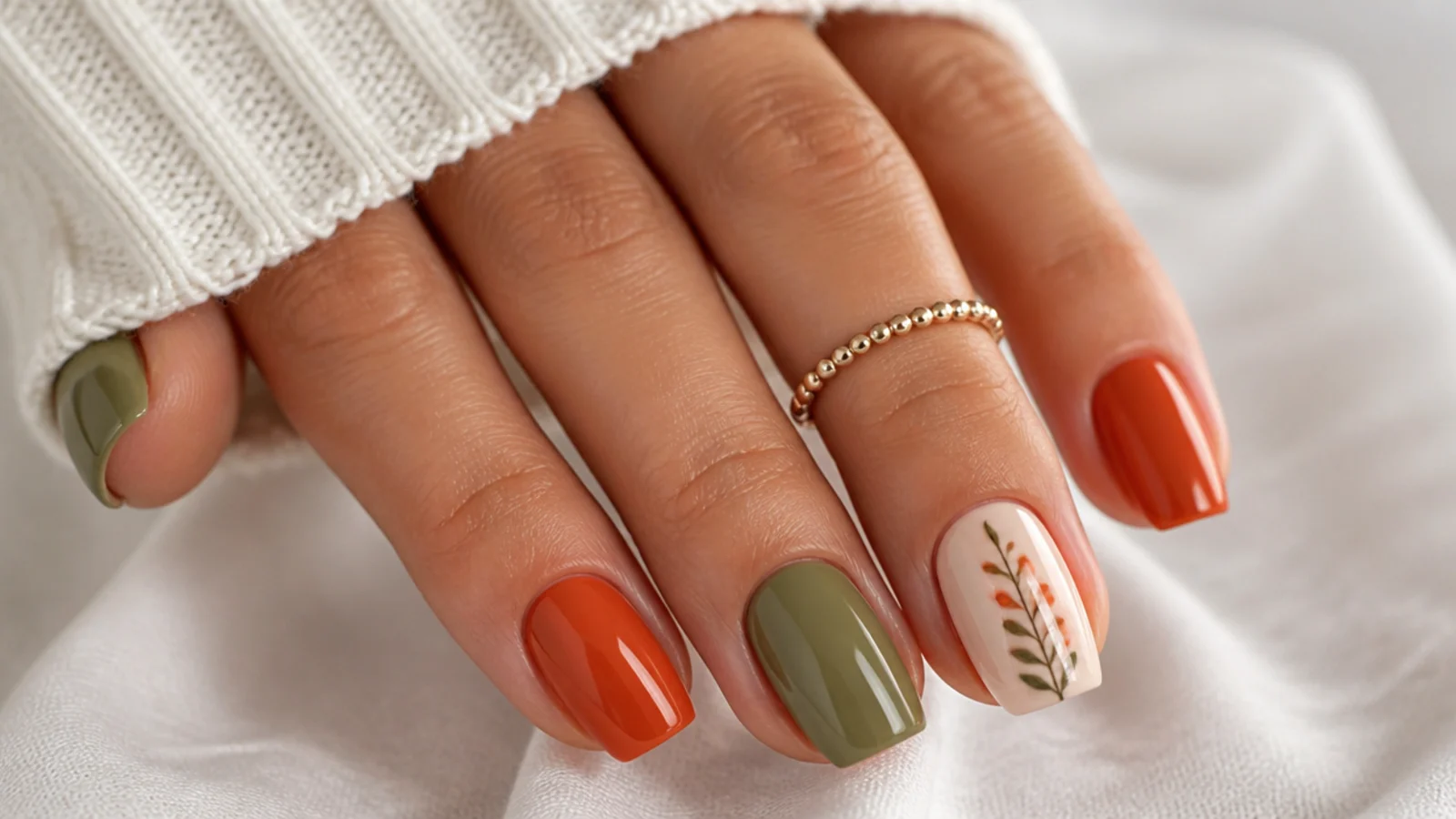 Olive green and rust orange alternating fall nails on a squoval shape