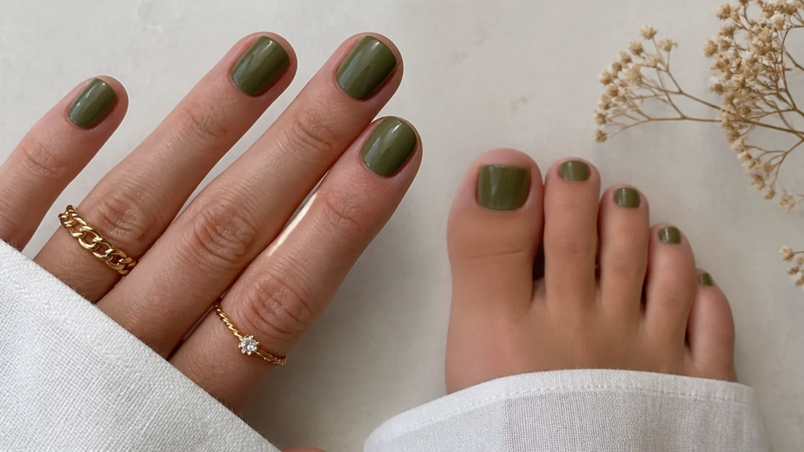Matching olive green fingernails and toenails on short shapes