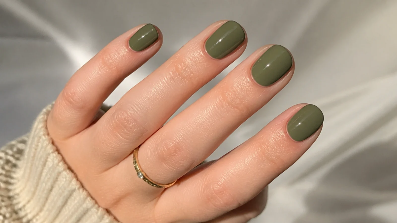 Short glossy olive green nails on a natural round shape
