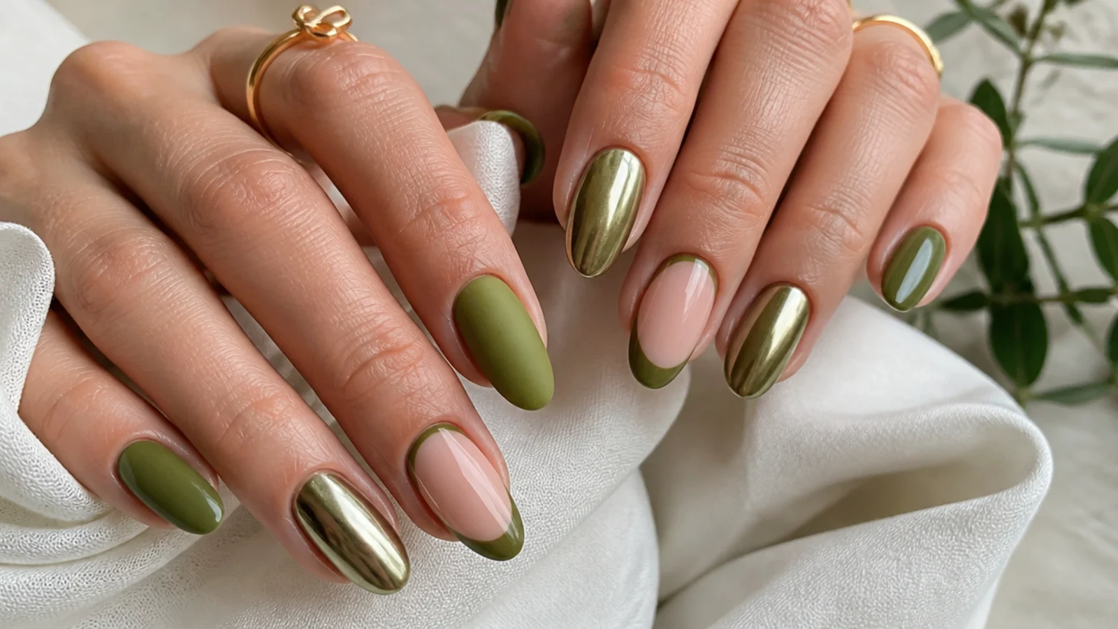 Olive green nails shown in glossy, matte, chrome and french finishes