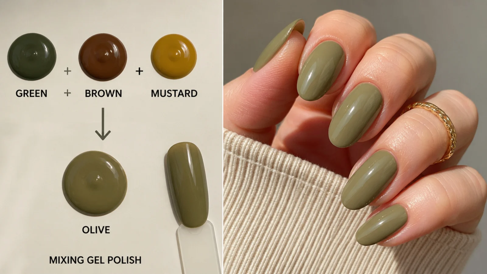 Mixing green with brown and mustard gel to build a muted olive shade