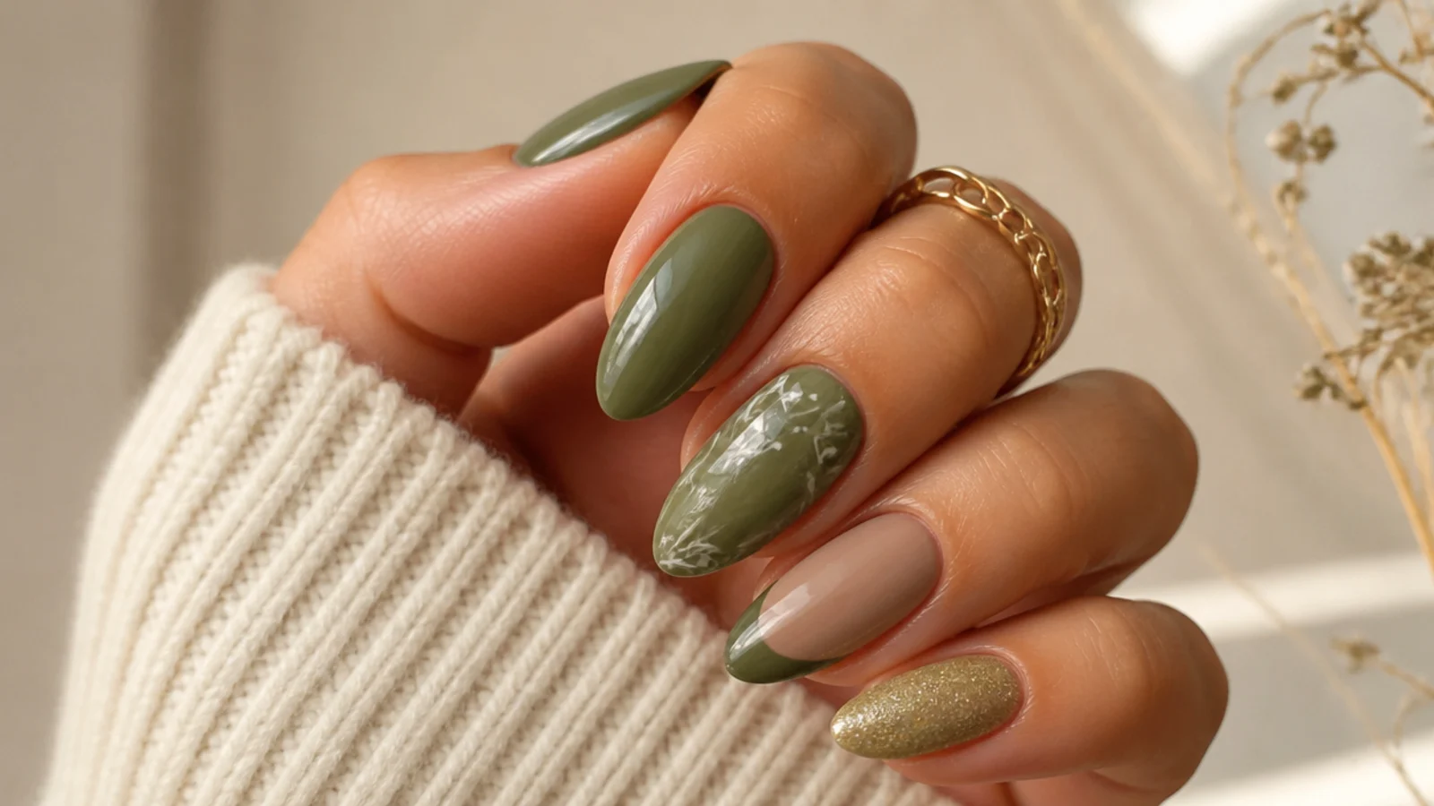 Earthy olive green nails on an almond shape against a warm neutral background
