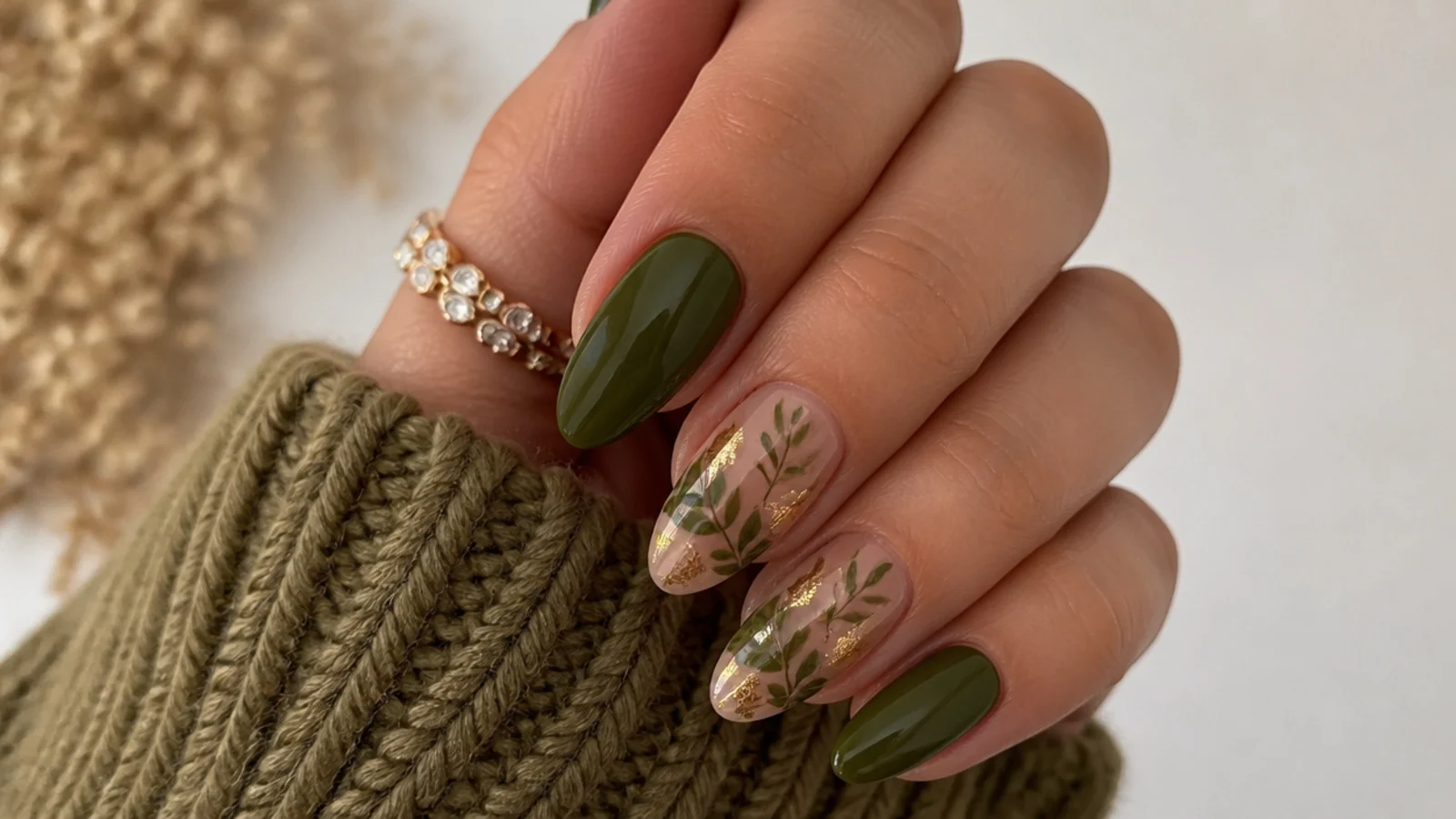 Olive green nails styled for fall against warm knitwear and gold jewelry