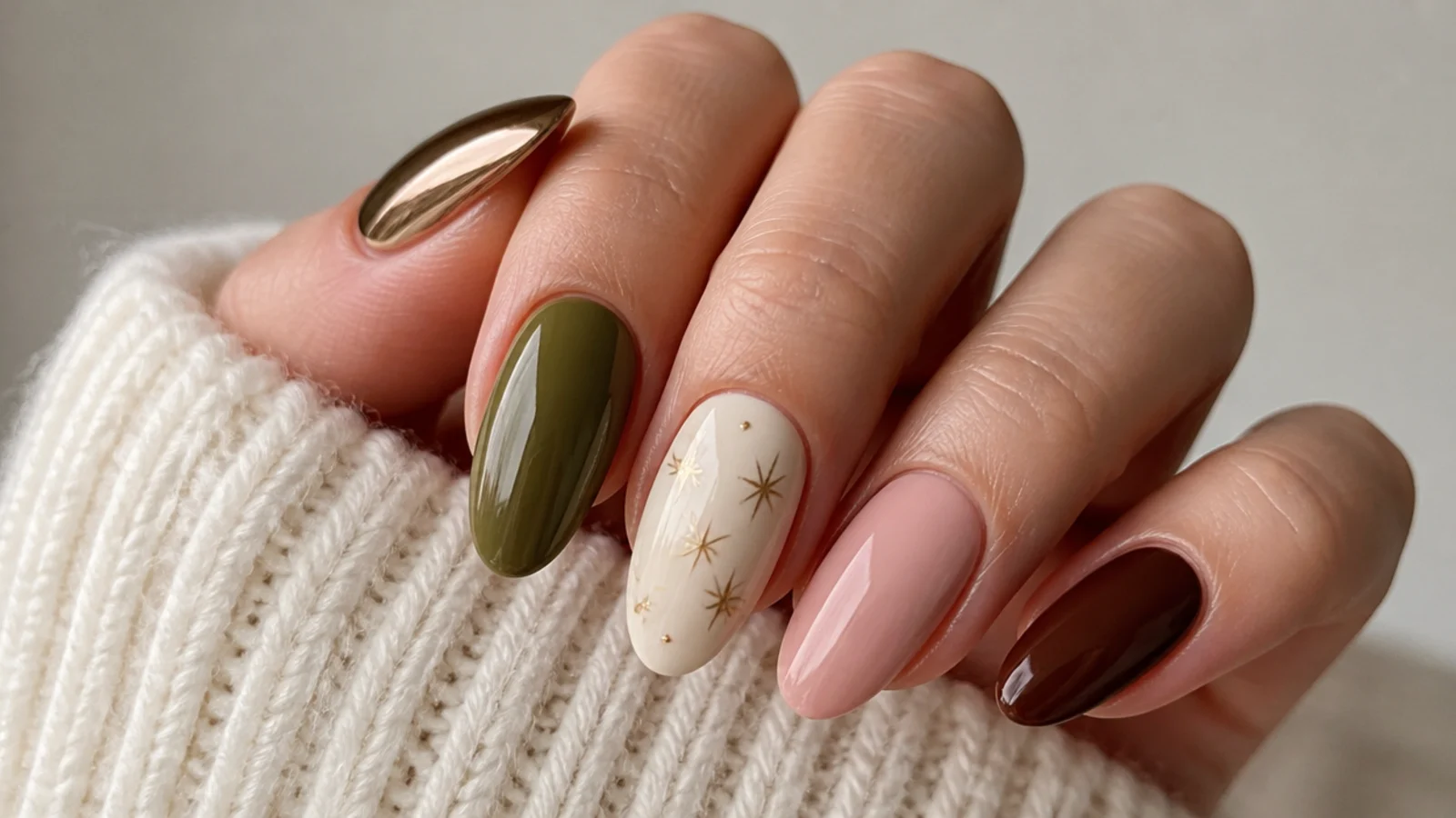 Olive green swatch beside gold, cream, soft pink, brown and chrome