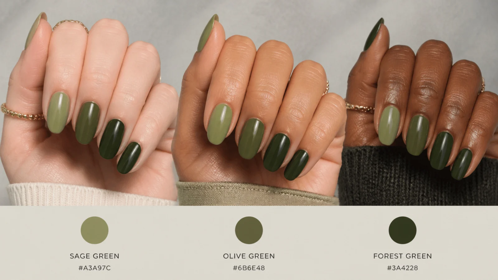 Three olive green shades swatched against fair, tan and deep skin