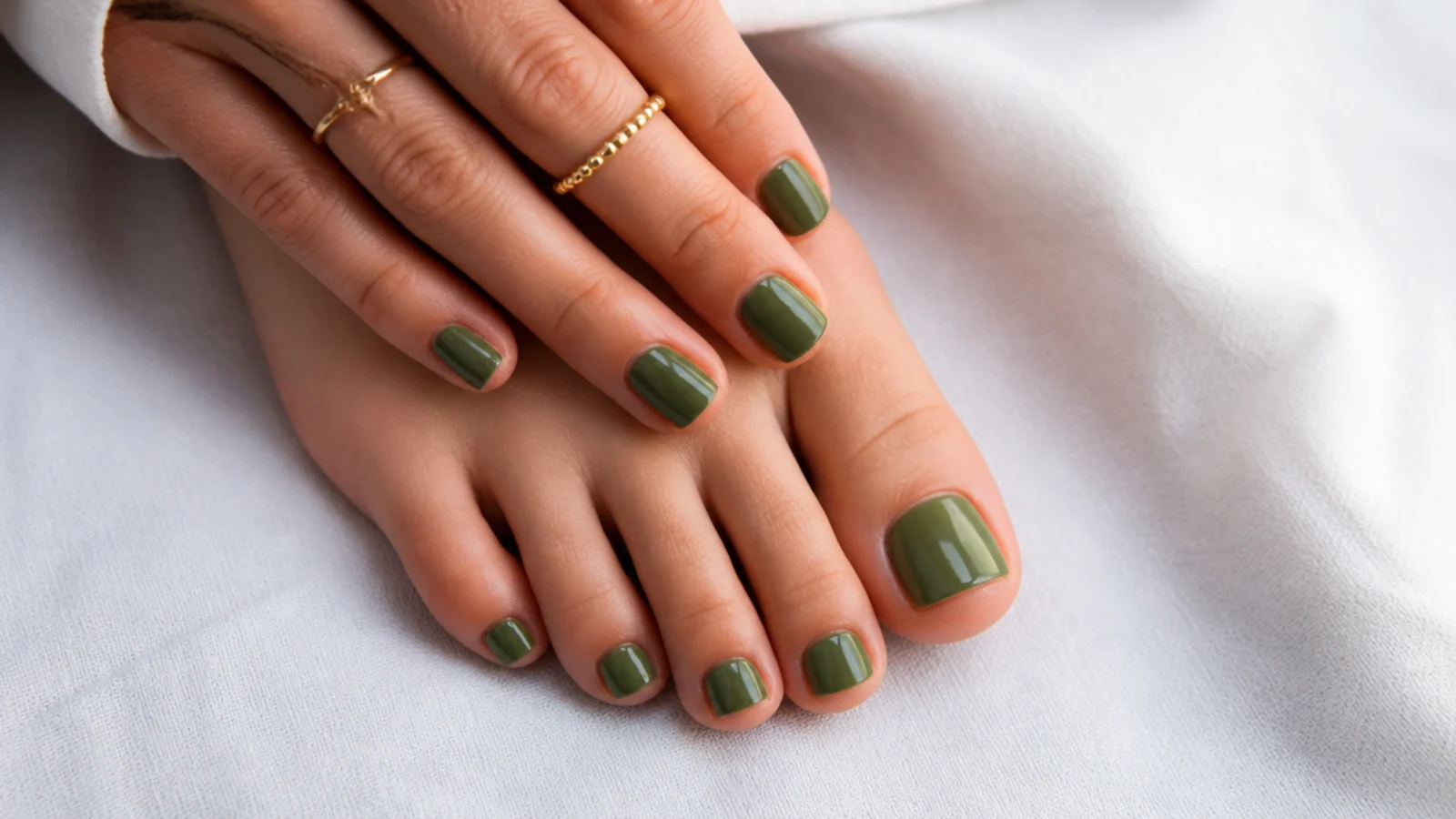 Glossy solid olive green toe nails on short square toes
