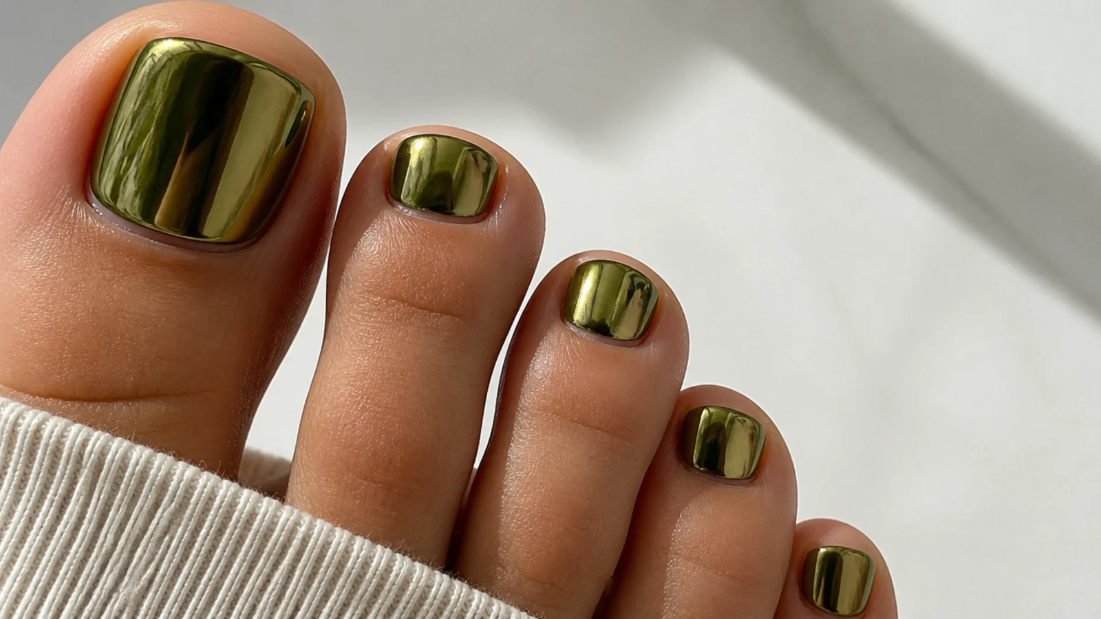 Mirror chrome olive green toe nails with metallic sheen