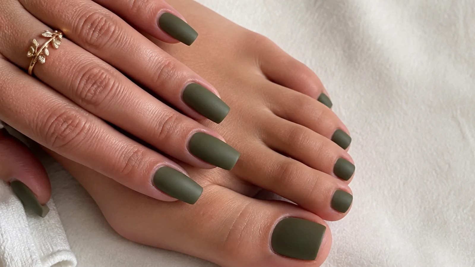 Matte olive green toe nails with a soft velvety finish