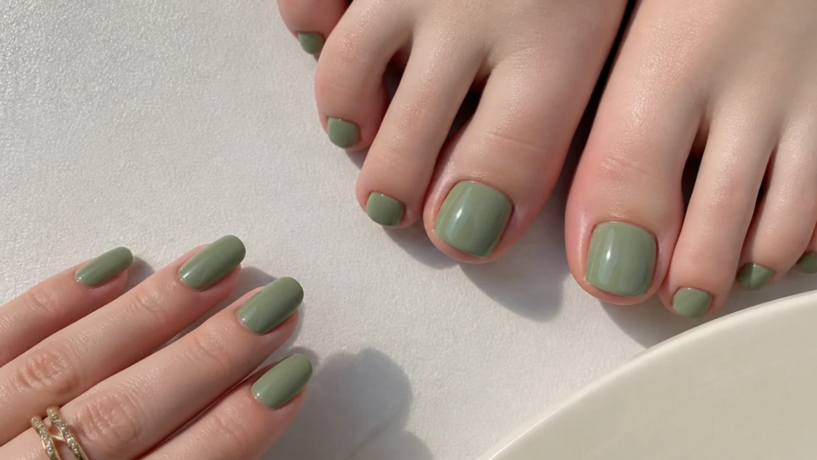 Soft light grayed olive sage toe nails on fair skin