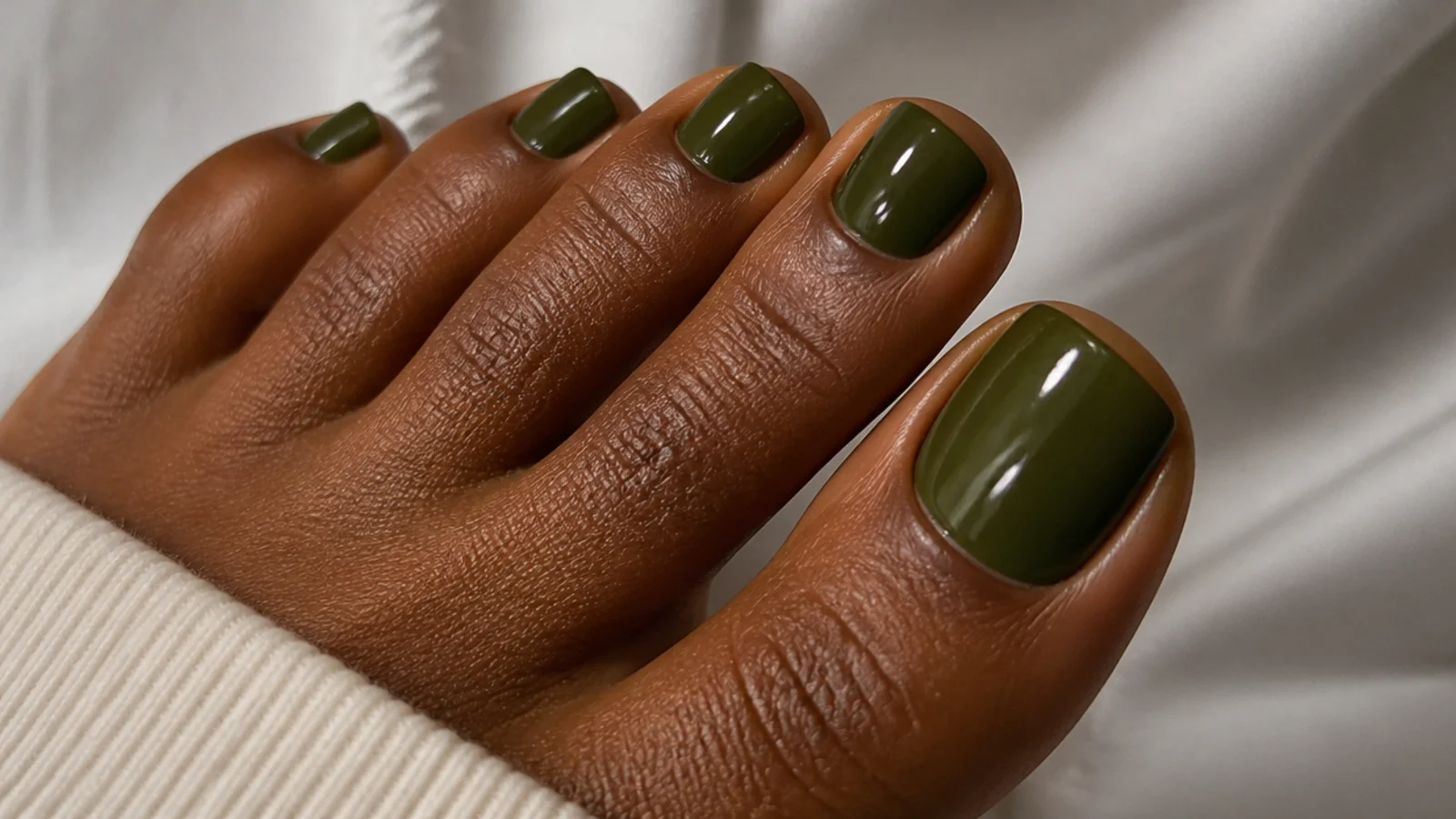 Rich saturated deep olive green toe nails on deep skin
