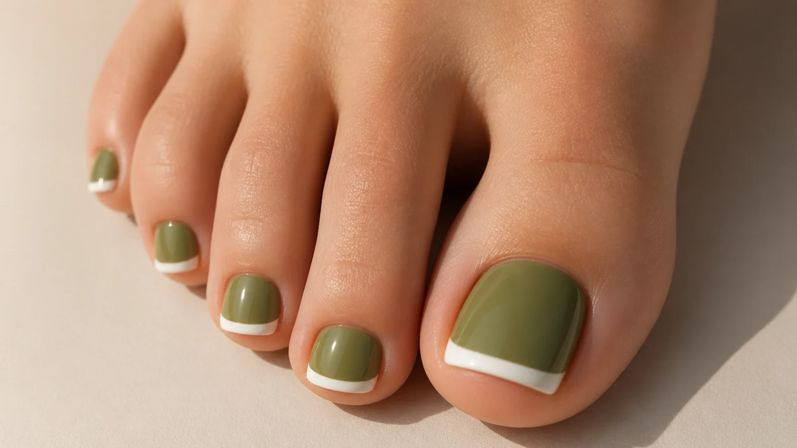 Olive green toe nails with crisp white french tips