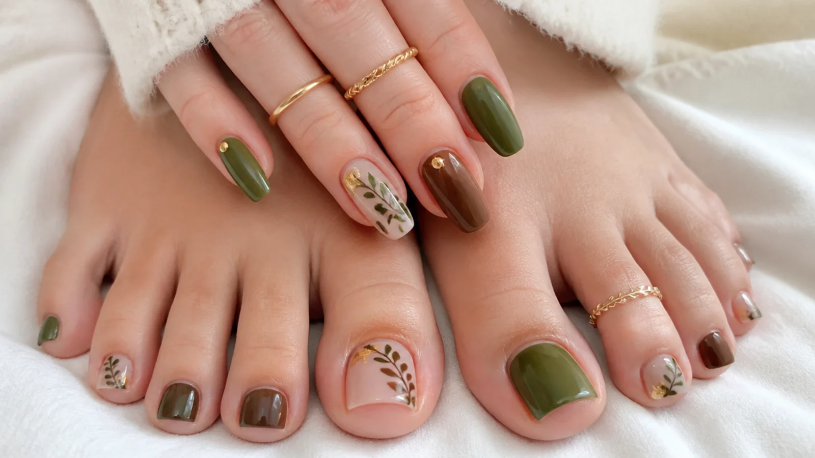 Olive green and warm brown mixed boho toe nails