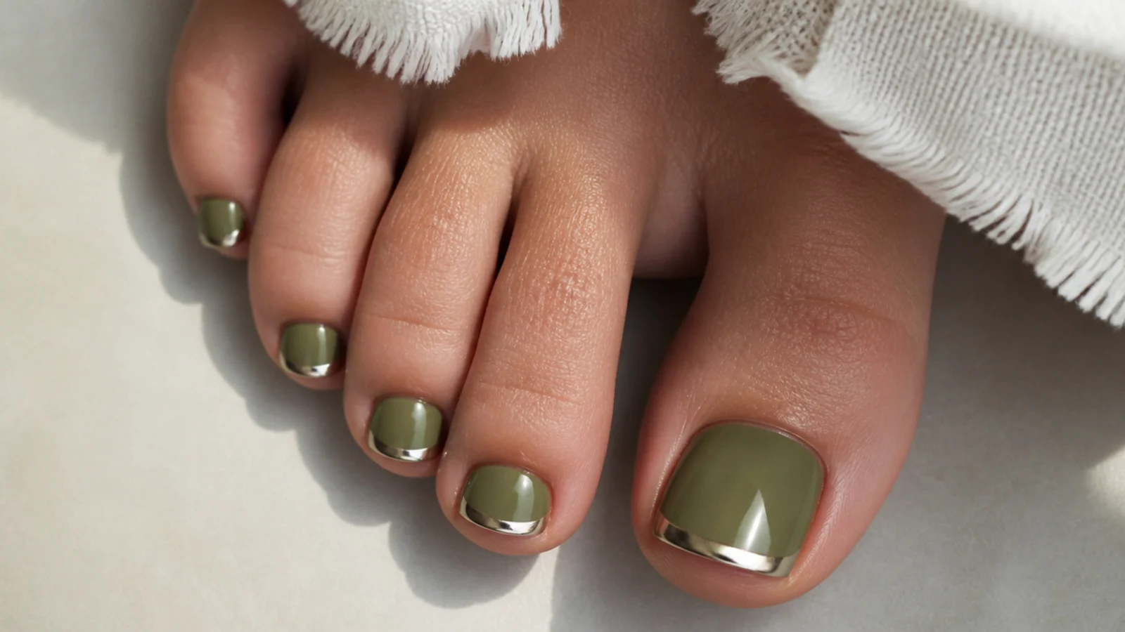 Olive green toe nails with metallic chrome french tips