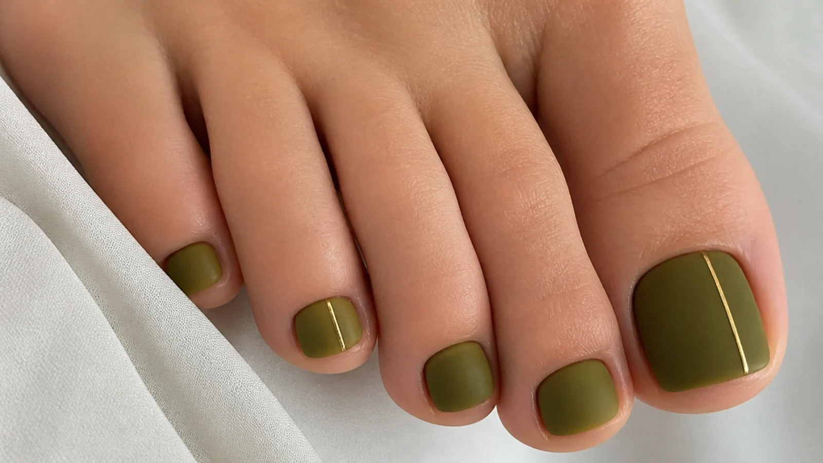 Matte olive green toe nails with a thin gold line accent